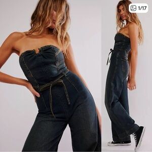 We The Free Denim Femme Fatale Wide-Leg High-Rise Strapless Jumpsuit CRVY 14